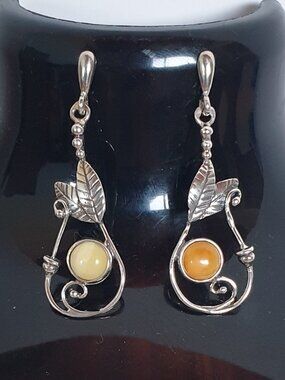 Baltic Butterscotch Amber 925 Sterling Silver Floral Dangle Earrings Vintage